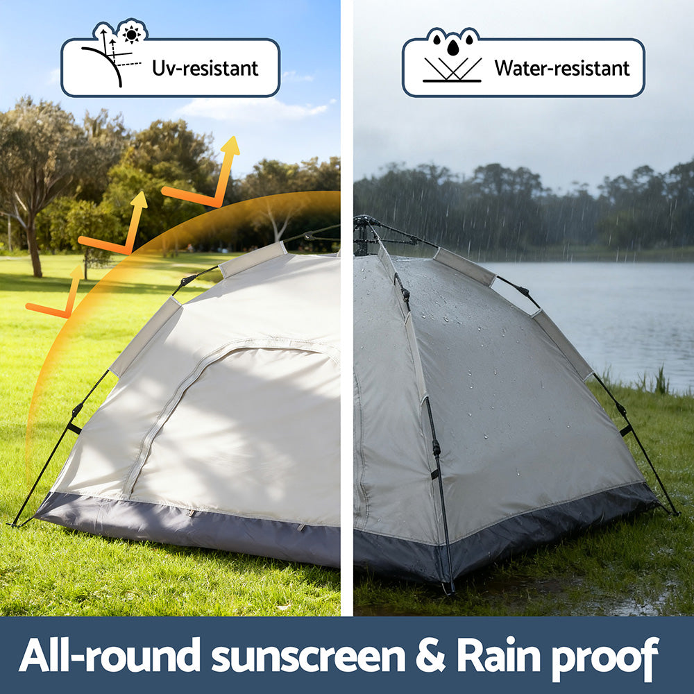 Beige pop up tents, supplied with a carry bag.