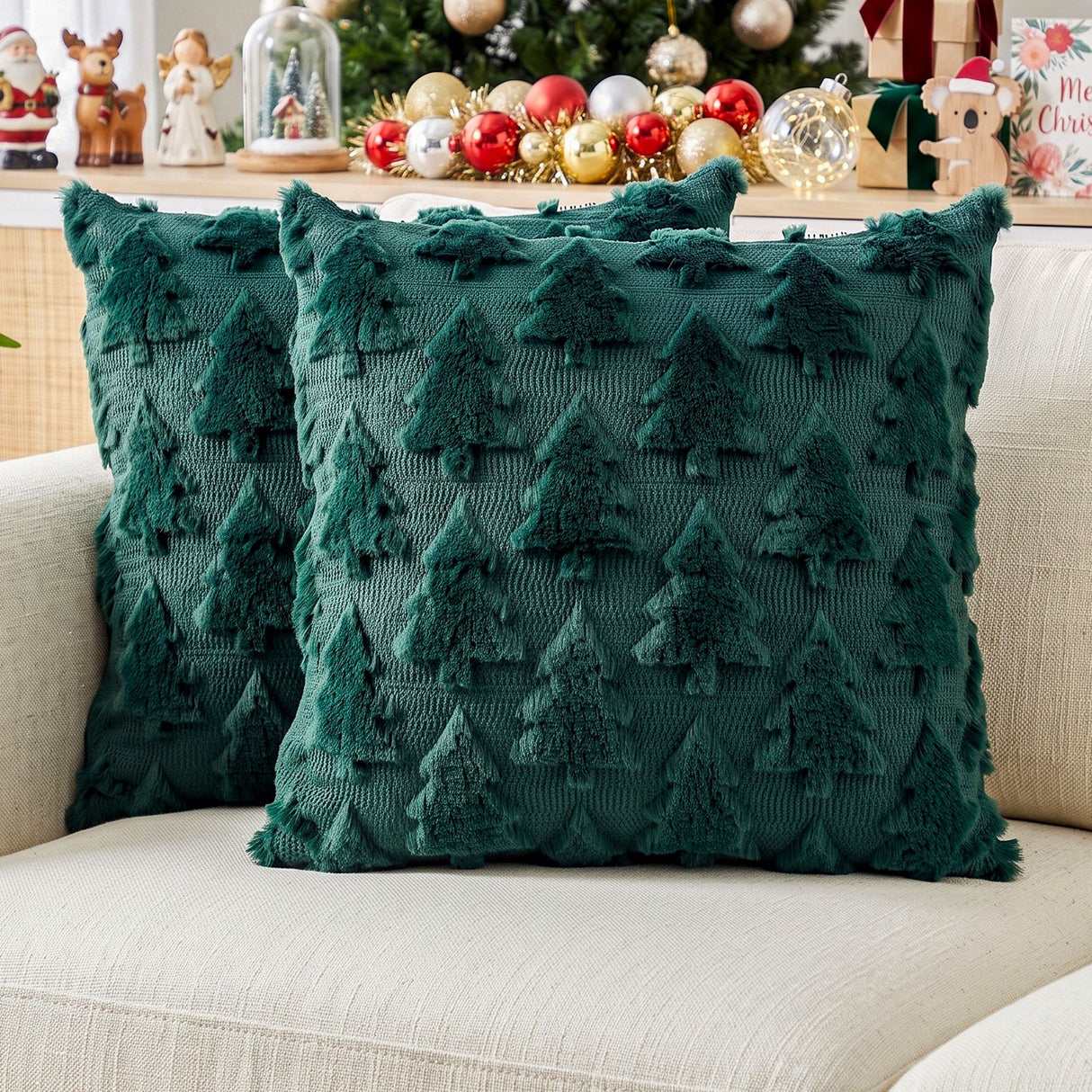 Jingle Jollys Christmas Tree Pillow Covers 2 Packs Cushion Covers Soft Faux Fur Jacquard Throw Pillow Covers 45 x 45cm Green