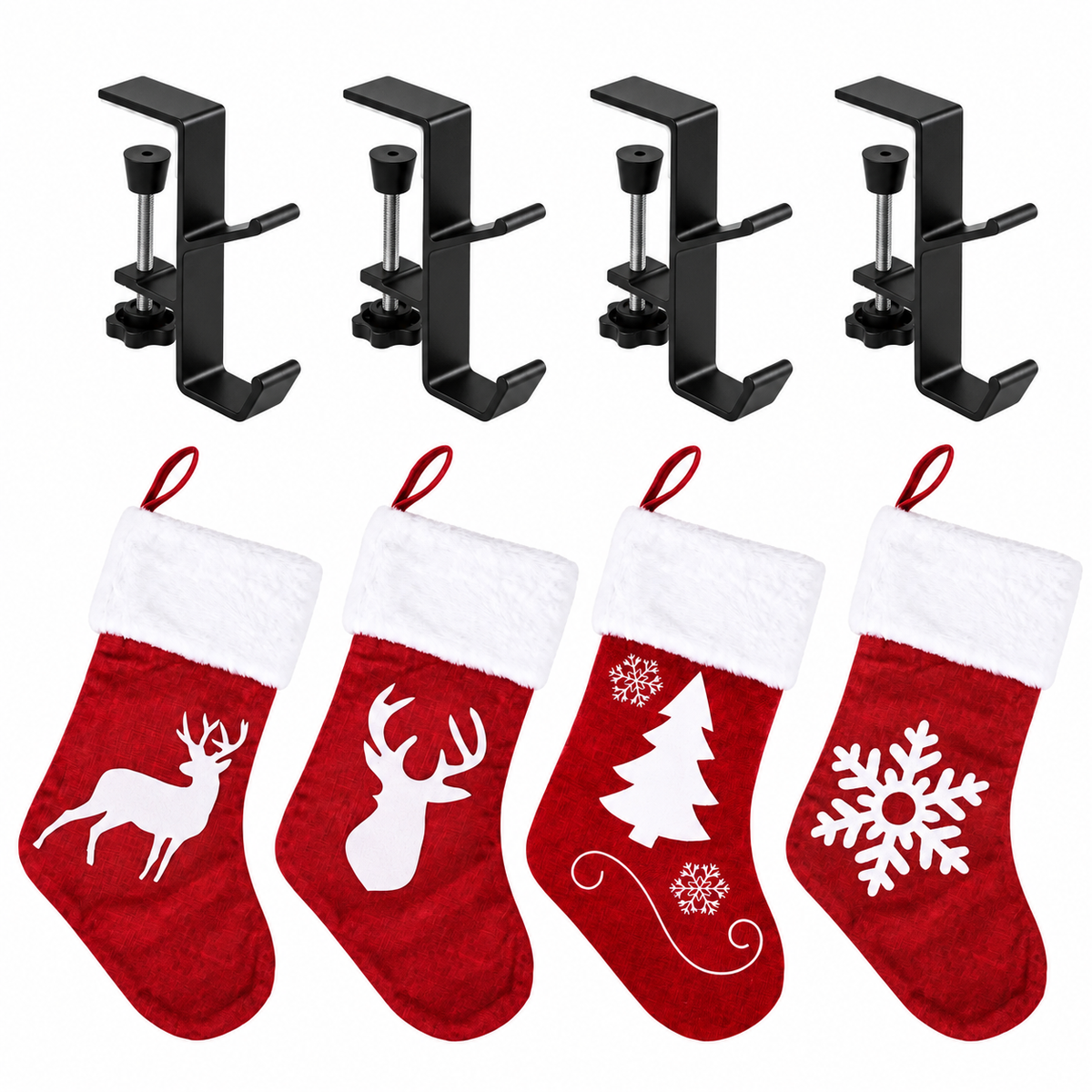 Jingle Jollys Christmas Stocking Set 4 Velvet Stockings 46.5cm & 4 No-Drill Holders.