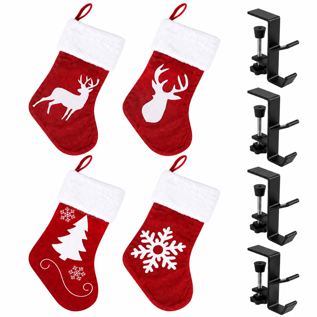Jingle Jollys Christmas Stocking Set 4 Velvet Stockings 46.5cm & 4 No-Drill Holders.