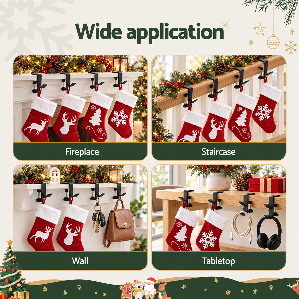 Jingle Jollys Christmas Stocking Set 4 Velvet Stockings 46.5cm & 4 No-Drill Holders.