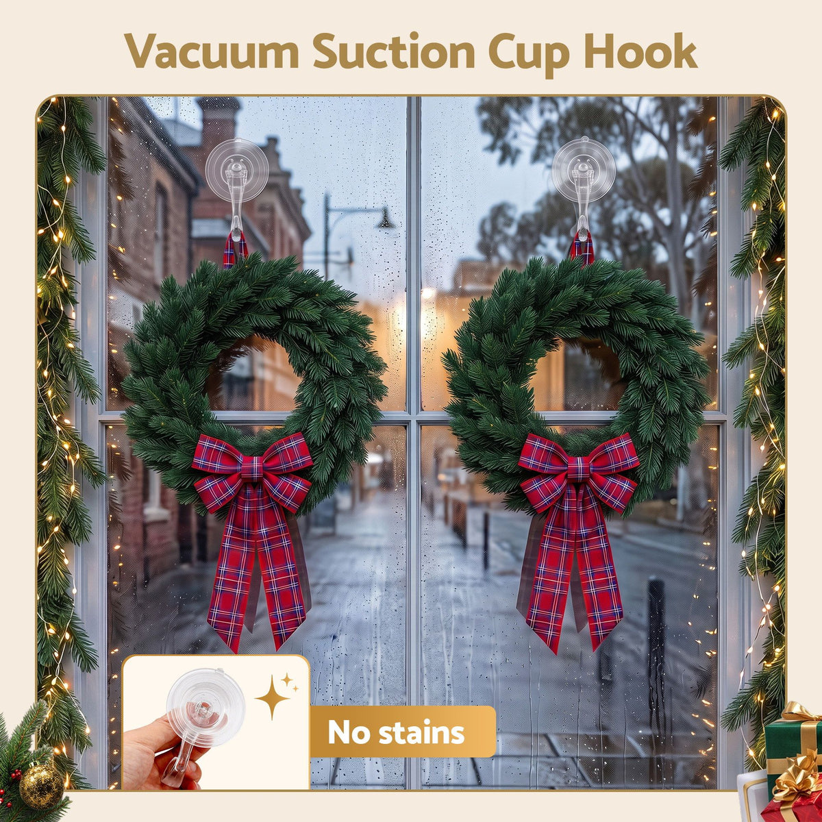 The two suction cup hooks shown again, for indoor or outdoor use.