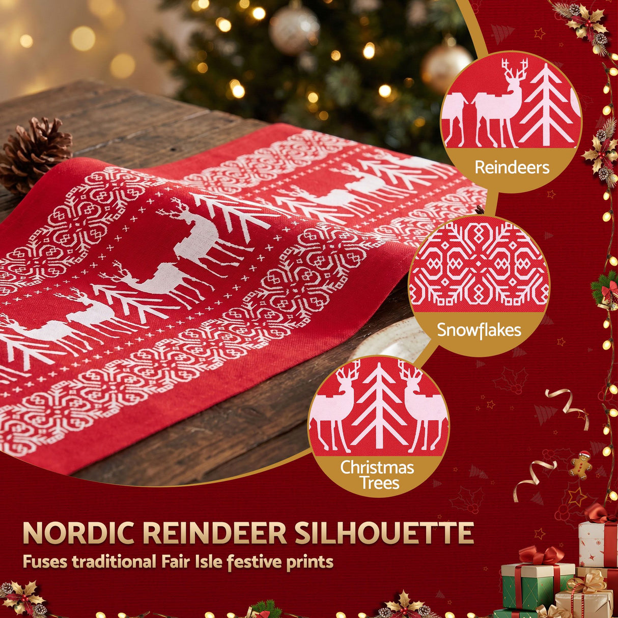 Jingle Jollys Christmas Table Runner Reindeers 270x28CM Dining Party Decor Red