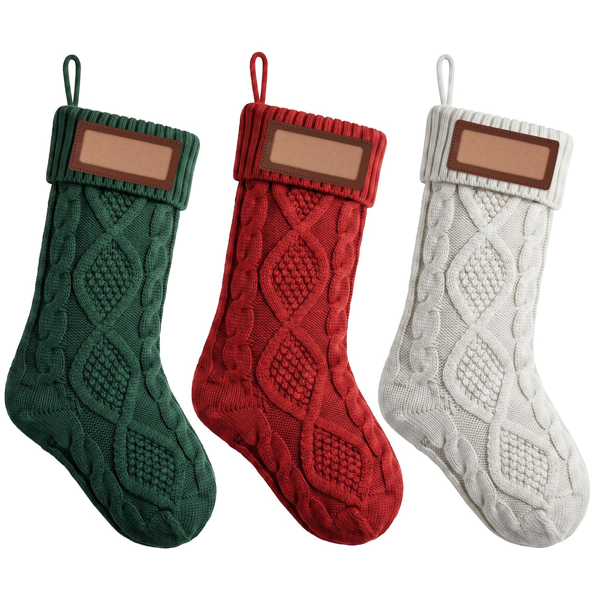 Jingle Jollys 3PCS Personalized Christmas Stockings with Leather Patches 16 Inch Knitted Solid Colour Xmas Decor For Fireplace Mantel, Christmas Tree, Home Decoration & Holiday Party Displays
