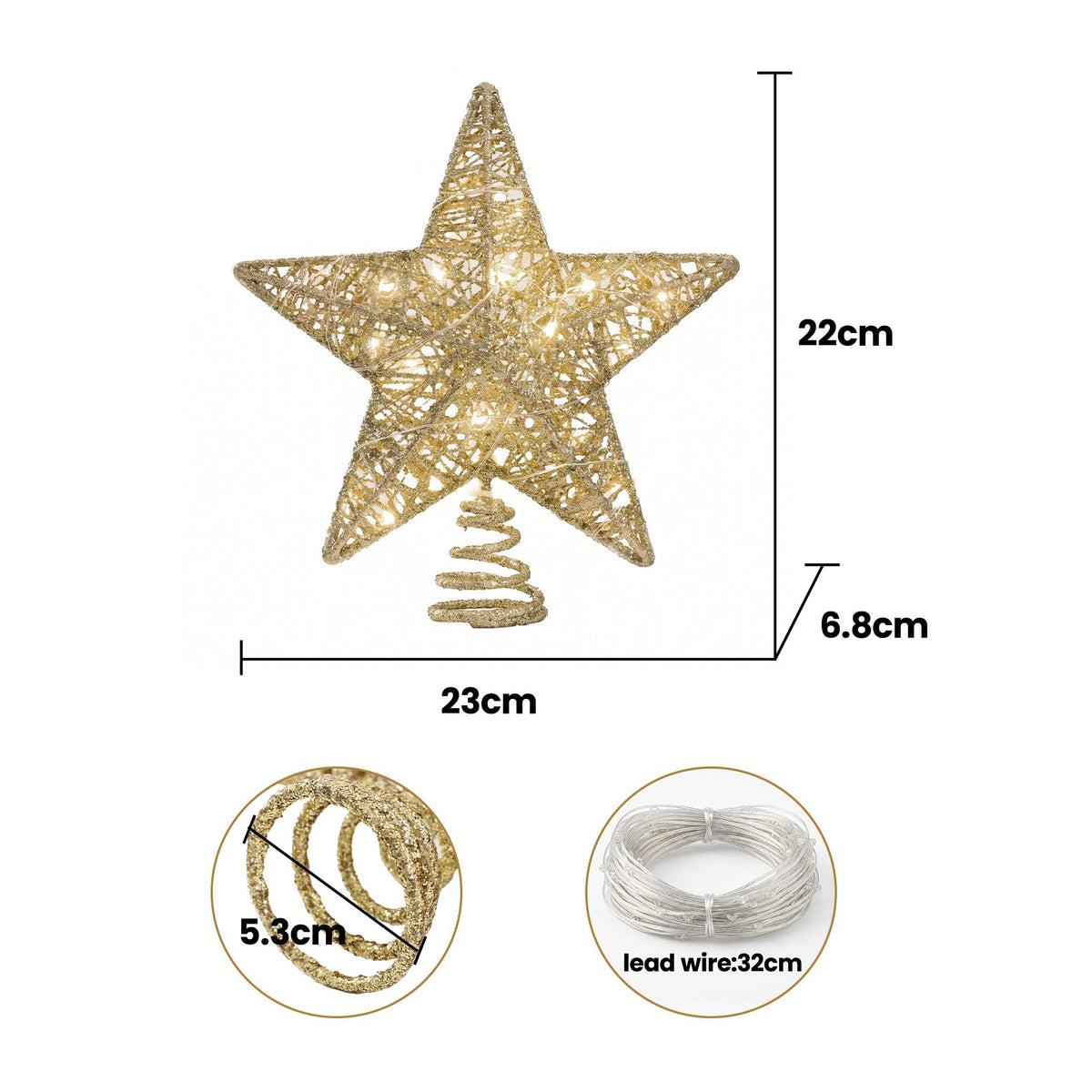 Another view of the gold LED star tree topper, battery operated.