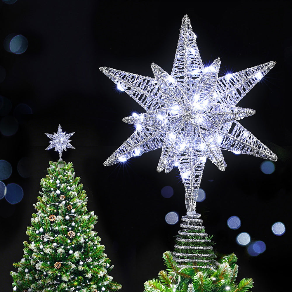 Three-dimensional LED star tree topper with a timer.