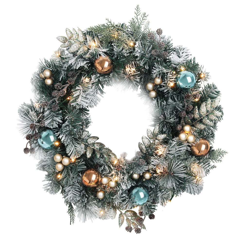 Snow-tipped Christmas wreath 60cm across with built-in LED lights.