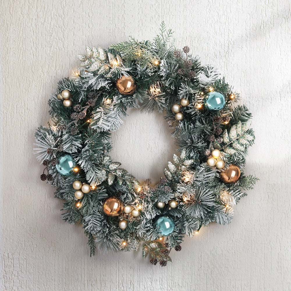 Further view of the 60cm snowy LED wreath, for indoor or outdoor use.