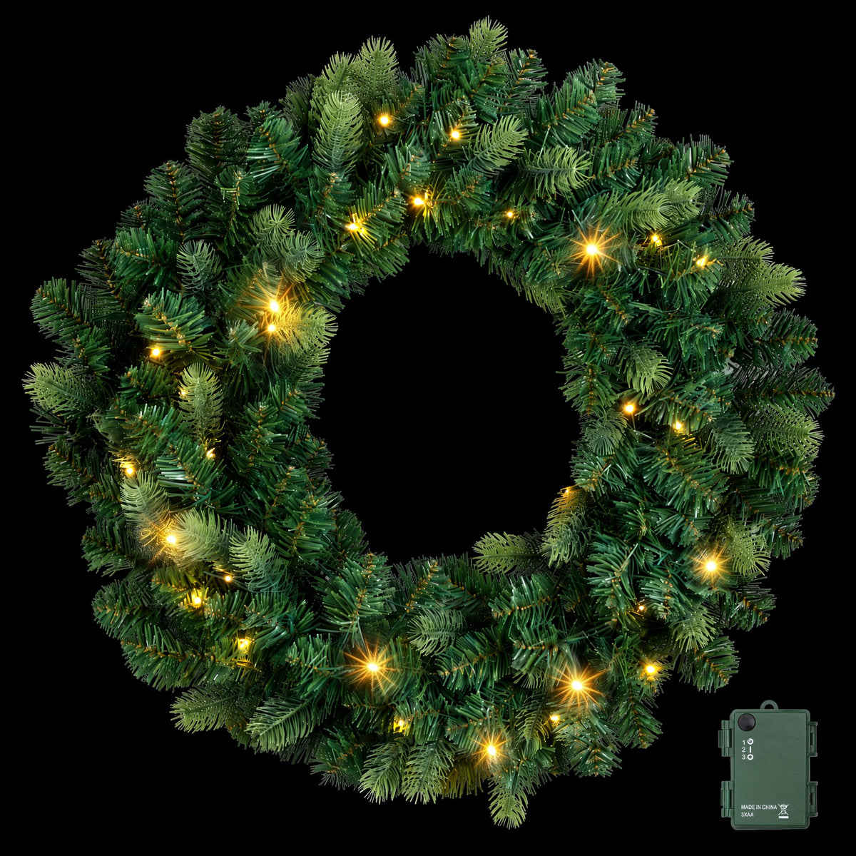 Pre-lit Christmas wreath 60cm across with warm white LEDs and a battery timer.