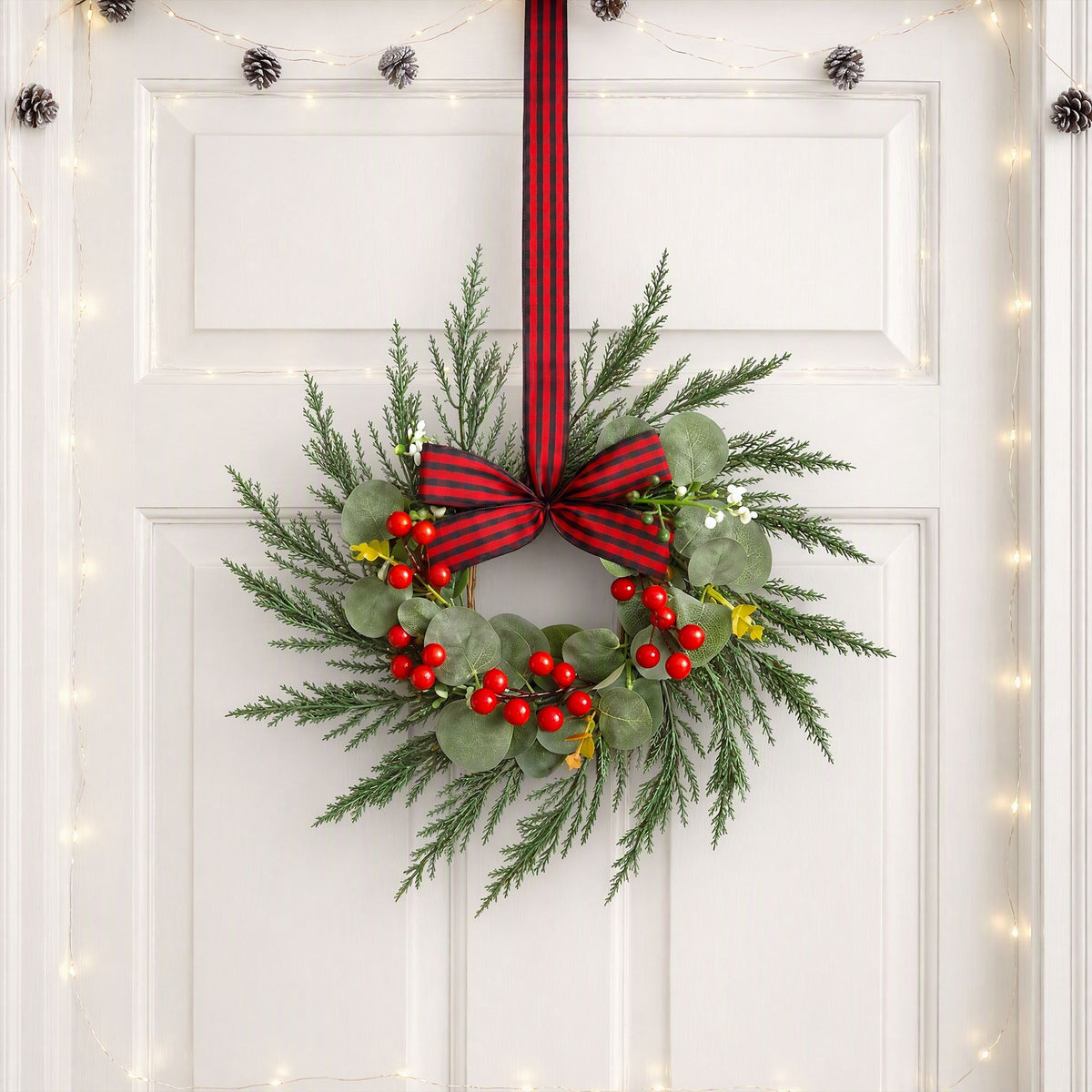 The six 26cm pre-lit wreaths shown again, arriving pre-lit.