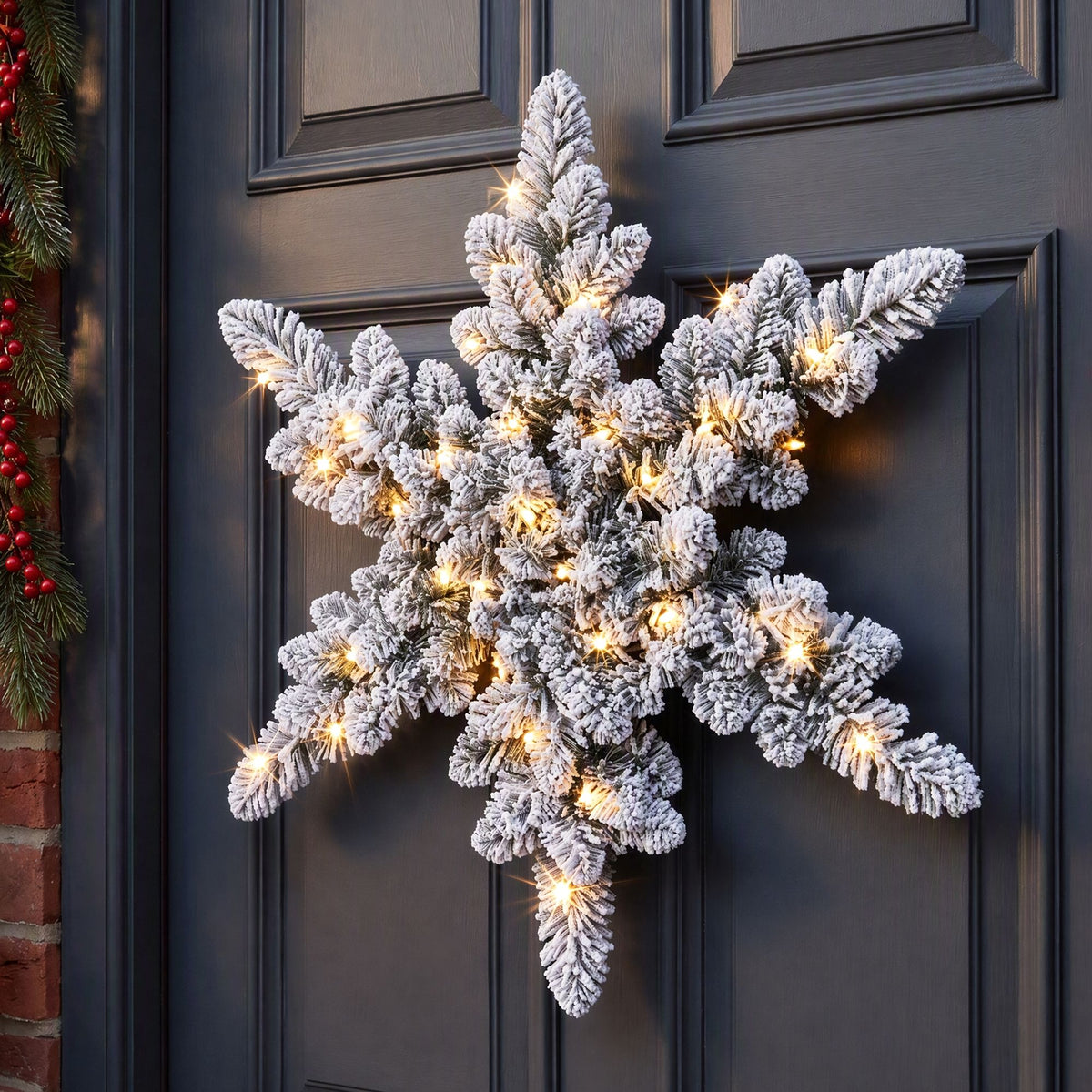 The 60cm flocked wreath shown again, arriving pre-lit.