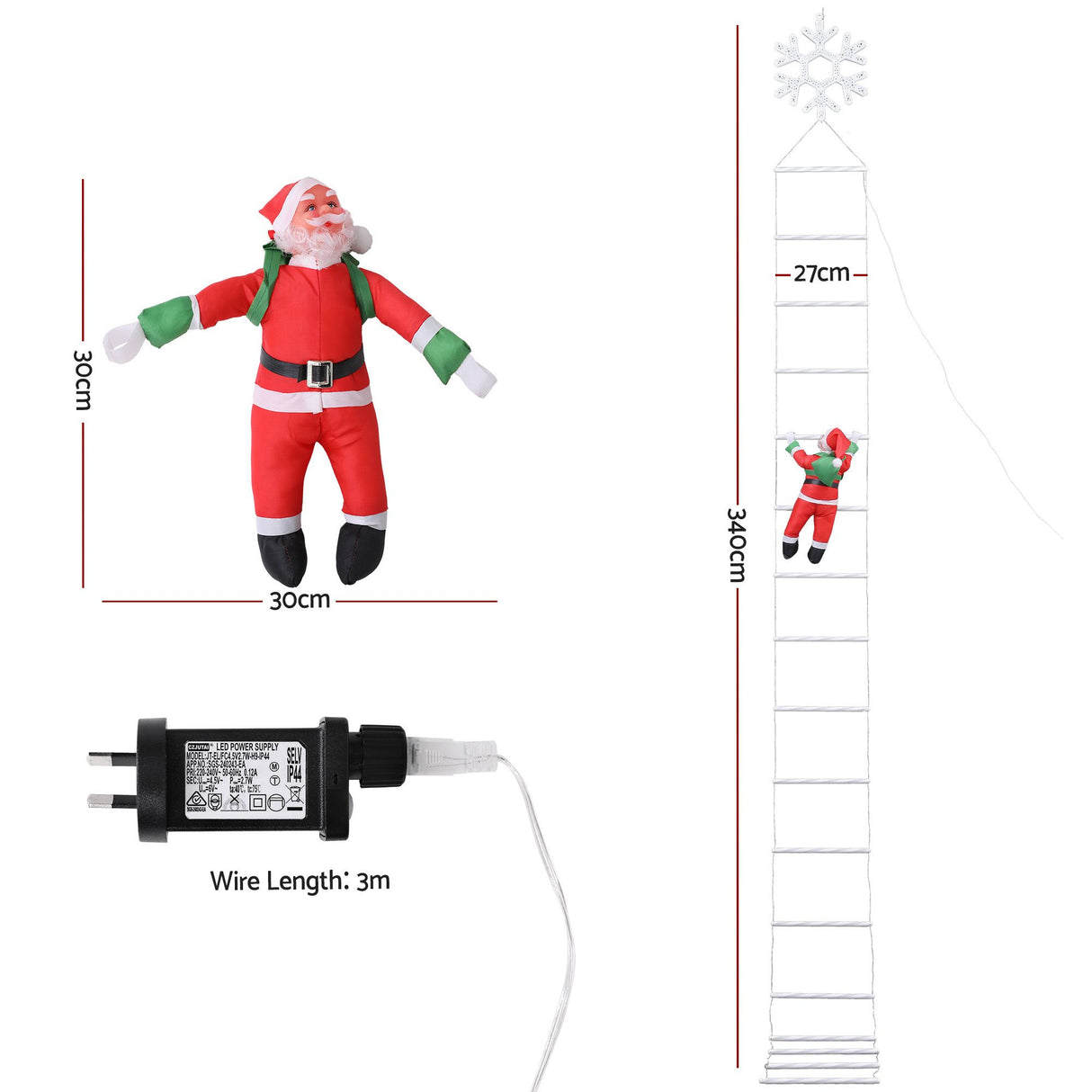 Jingle Jollys Christmas Ladder Lights Santa 3.4m 328LED Hanging Decor Cool White