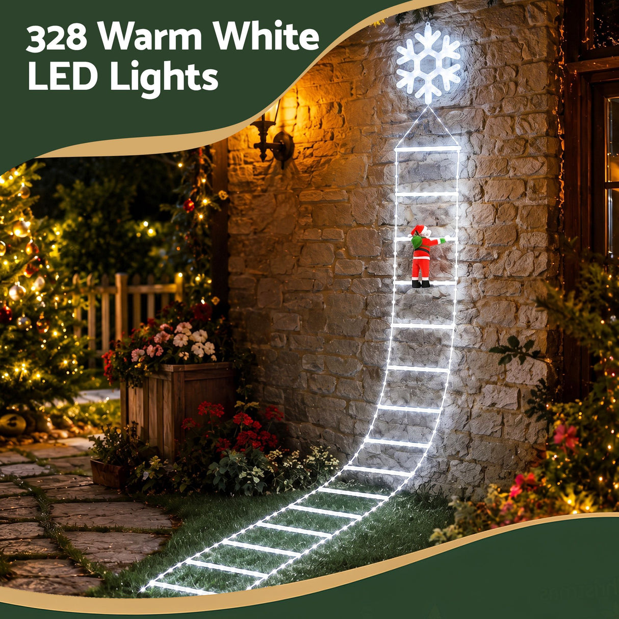 Jingle Jollys Christmas Ladder Lights Santa 3.4m 328LED Hanging Decor Cool White