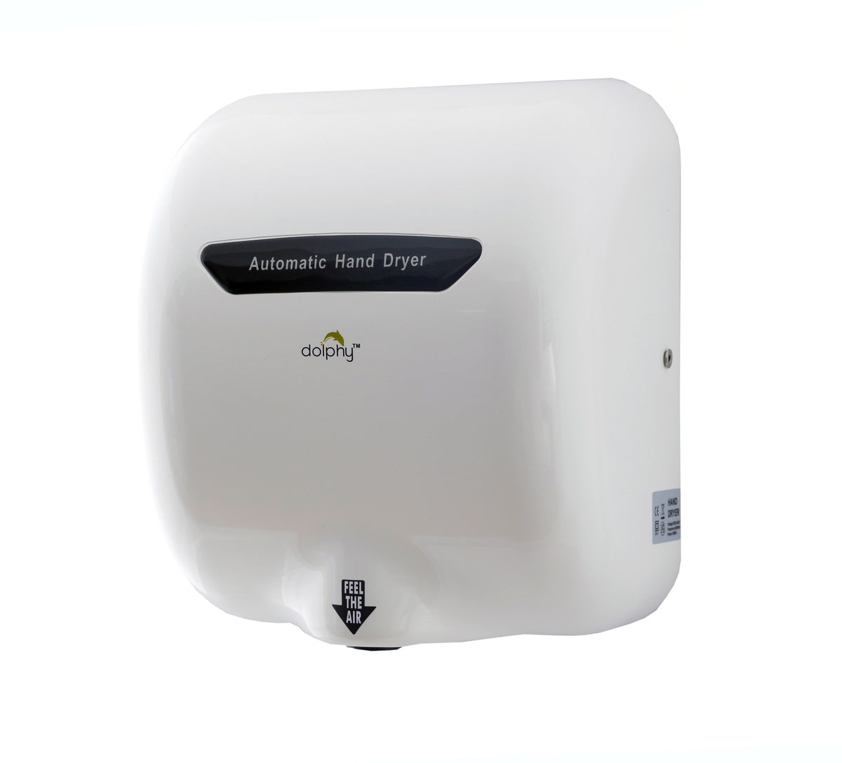 Dolphy European style 1800W hand dryer in white, angled view