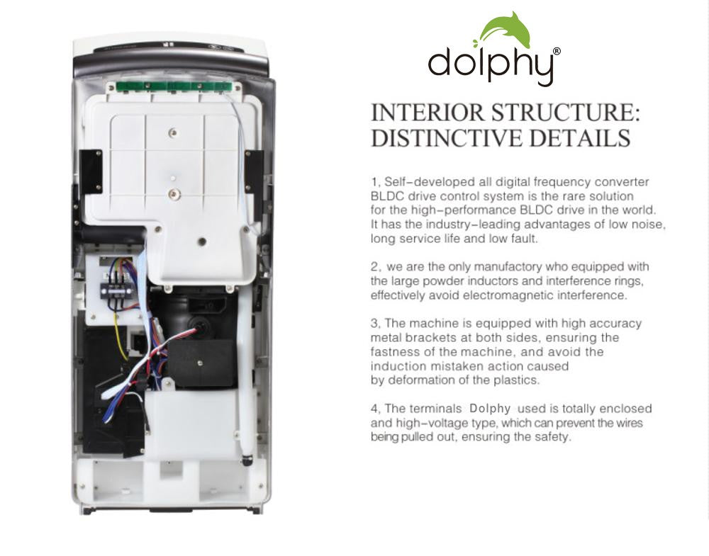 Dolphy jet hand dryer interior structure: brushless motor and enclosed wiring