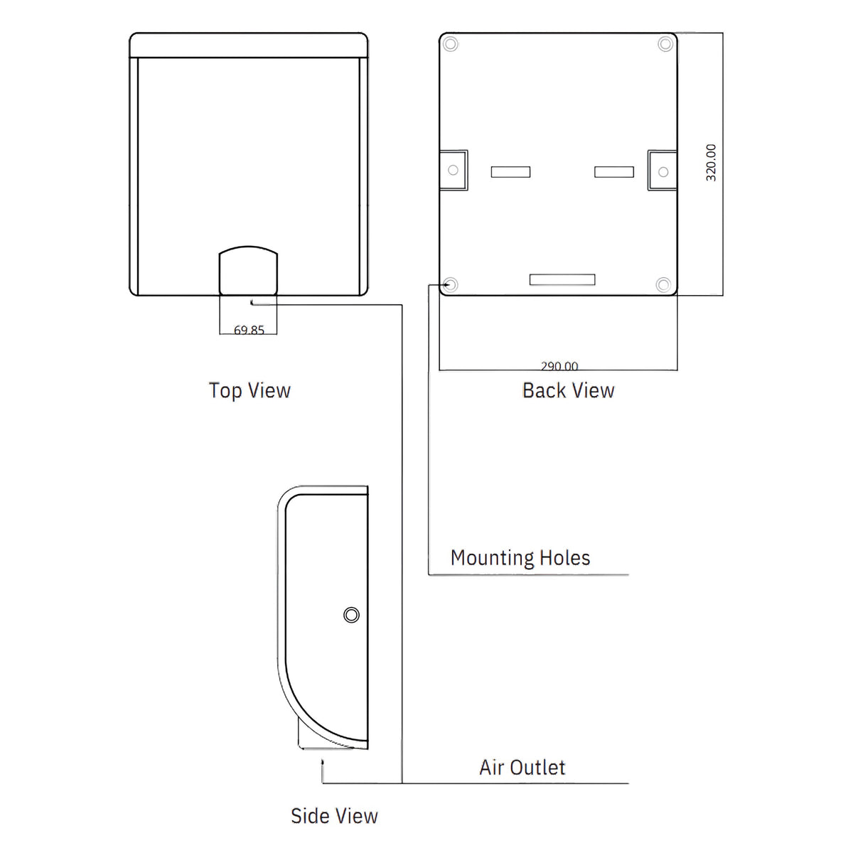 Dolphy Tornado hand dryer diagram: top, back and side views, 320 x 290 mm, mounting holes and air outlet