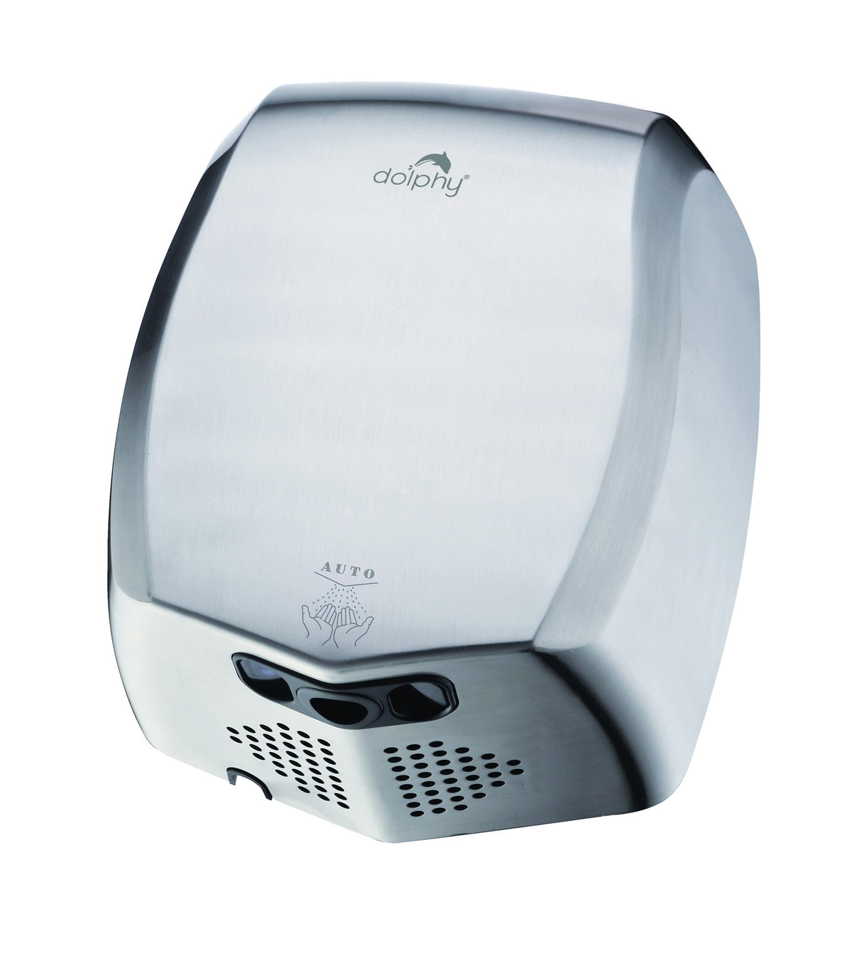 Dolphy 800W stainless steel touchless hand dryer, angled view showing the sensor