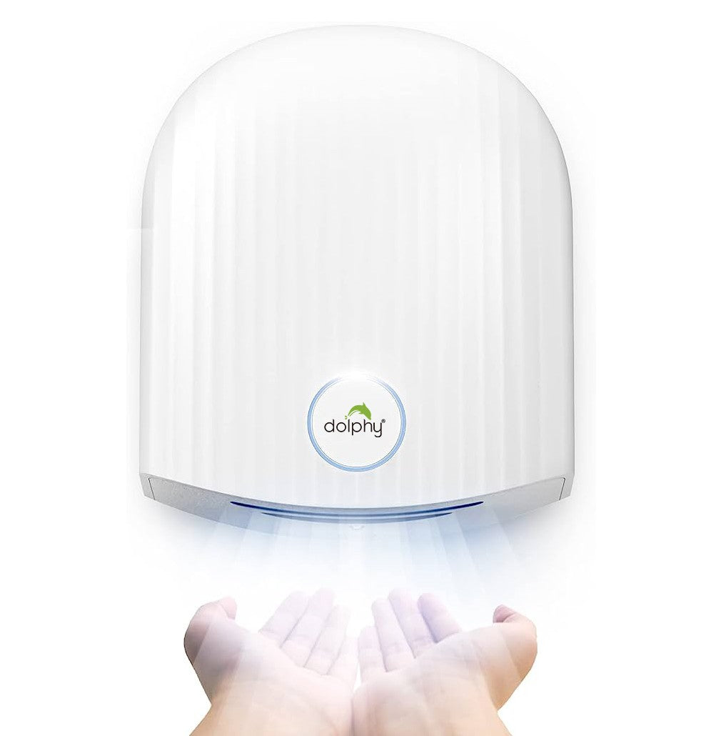 Dolphy white dome touchless hand dryer blowing air onto hands below