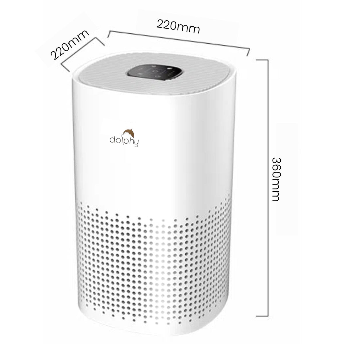 Dolphy desktop air purifier dimensions: 220 x 220 mm base, 360 mm high