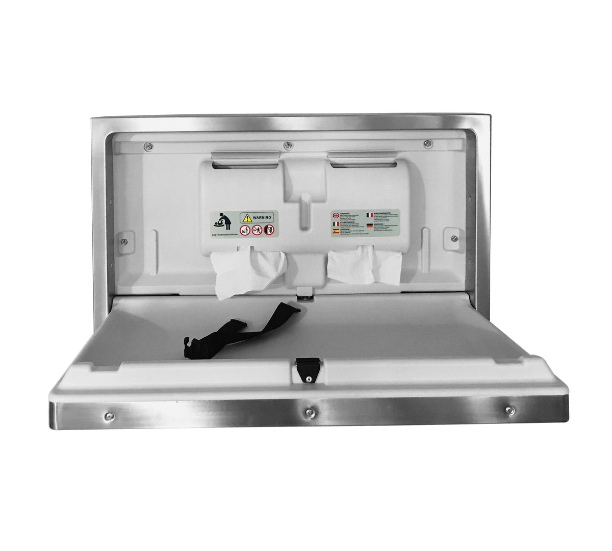 Dolphy stainless steel baby change station open, showing the changing table, safety strap and liner dispensers