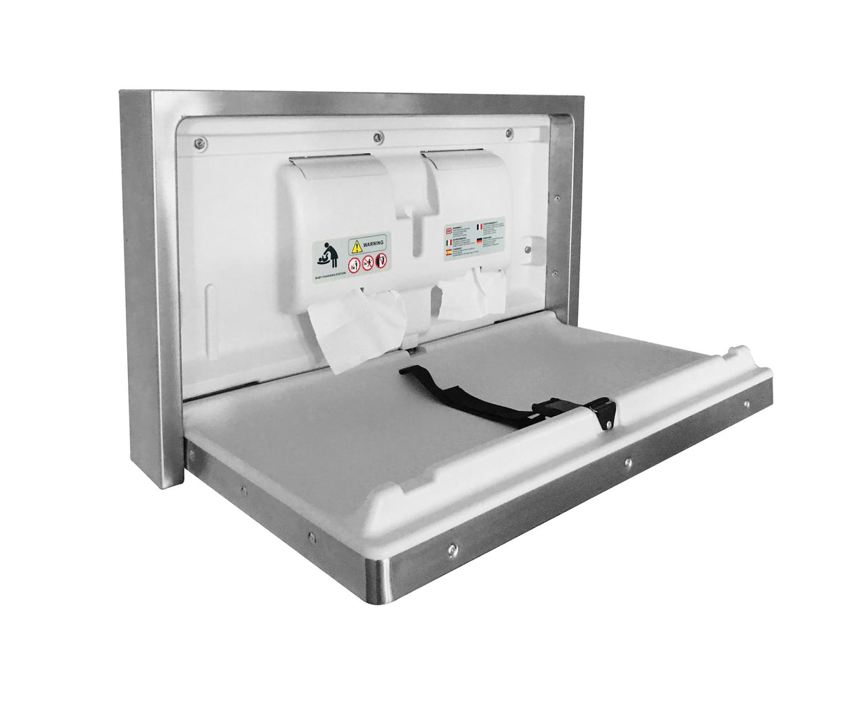 Dolphy horizontal baby change station folded down, angled view of the table and safety strap