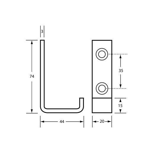 Dolphy single robe hook dimensions: 74 mm high, 44 mm deep, 20 mm wide