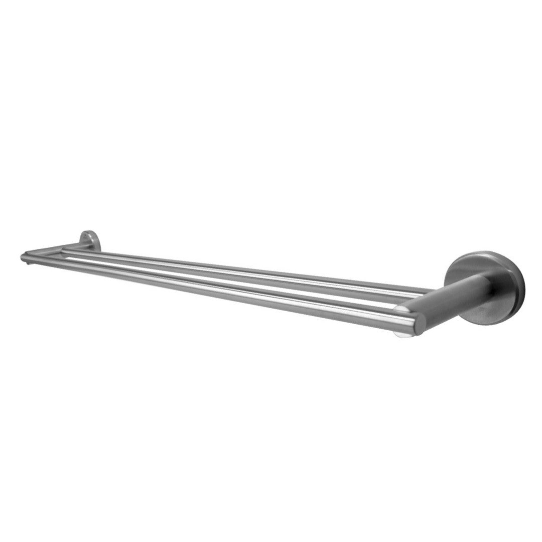 Dolphy 600 mm brushed stainless steel double towel rail, angled view
