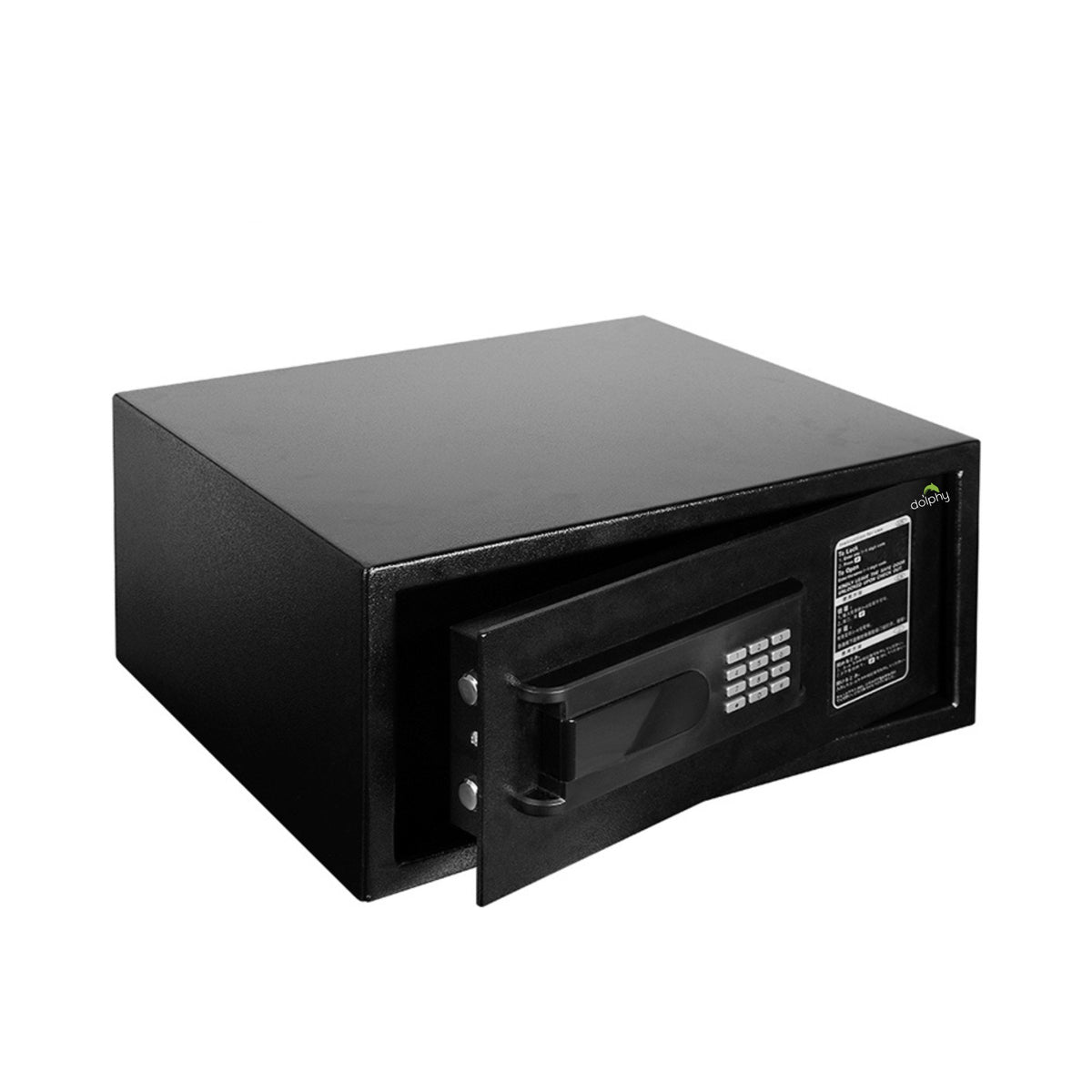 Dolphy black digital safe with the door open, angled view