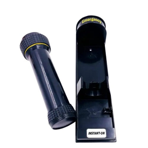 Dolphy black emergency torch lifted out of its wall-mounted instant-on holder