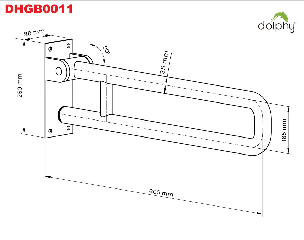 Dolphy DHGB0011 swing-up grab rail drawing: 605 mm long, 250 mm plate, 165 mm wide, 35 mm tube