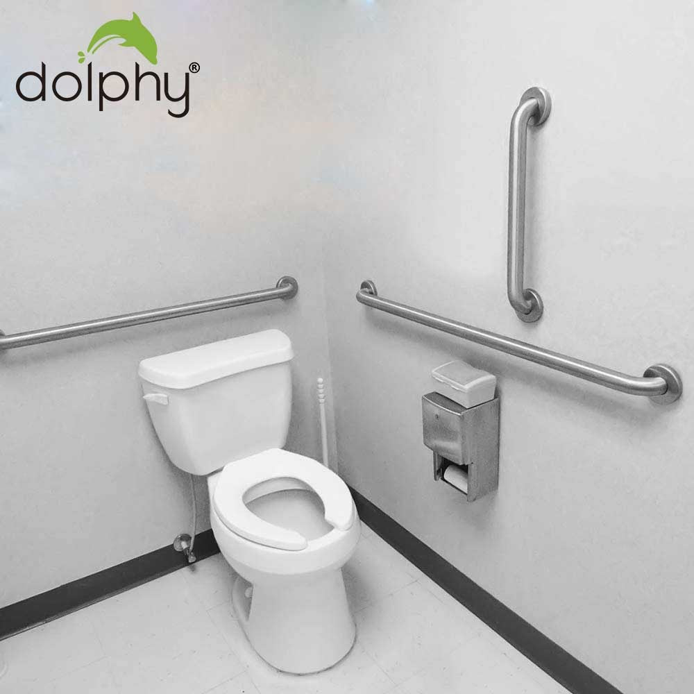 Dolphy stainless steel grab rails installed around a toilet in an accessible washroom