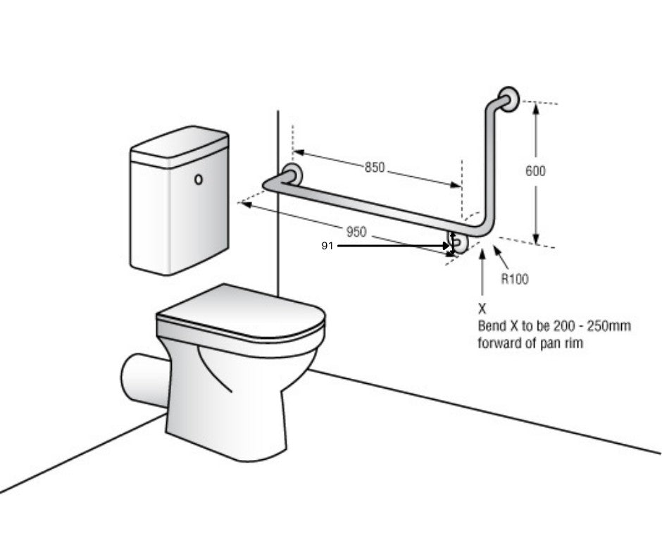 Installation diagram for the Dolphy left-hand 90 degree grab rail beside a toilet
