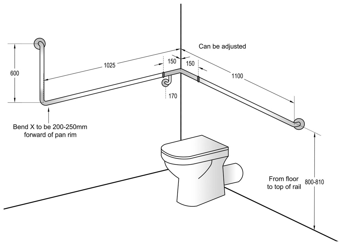 Installation diagram for the Dolphy 90 degree flush mount grab rail in a toilet corner
