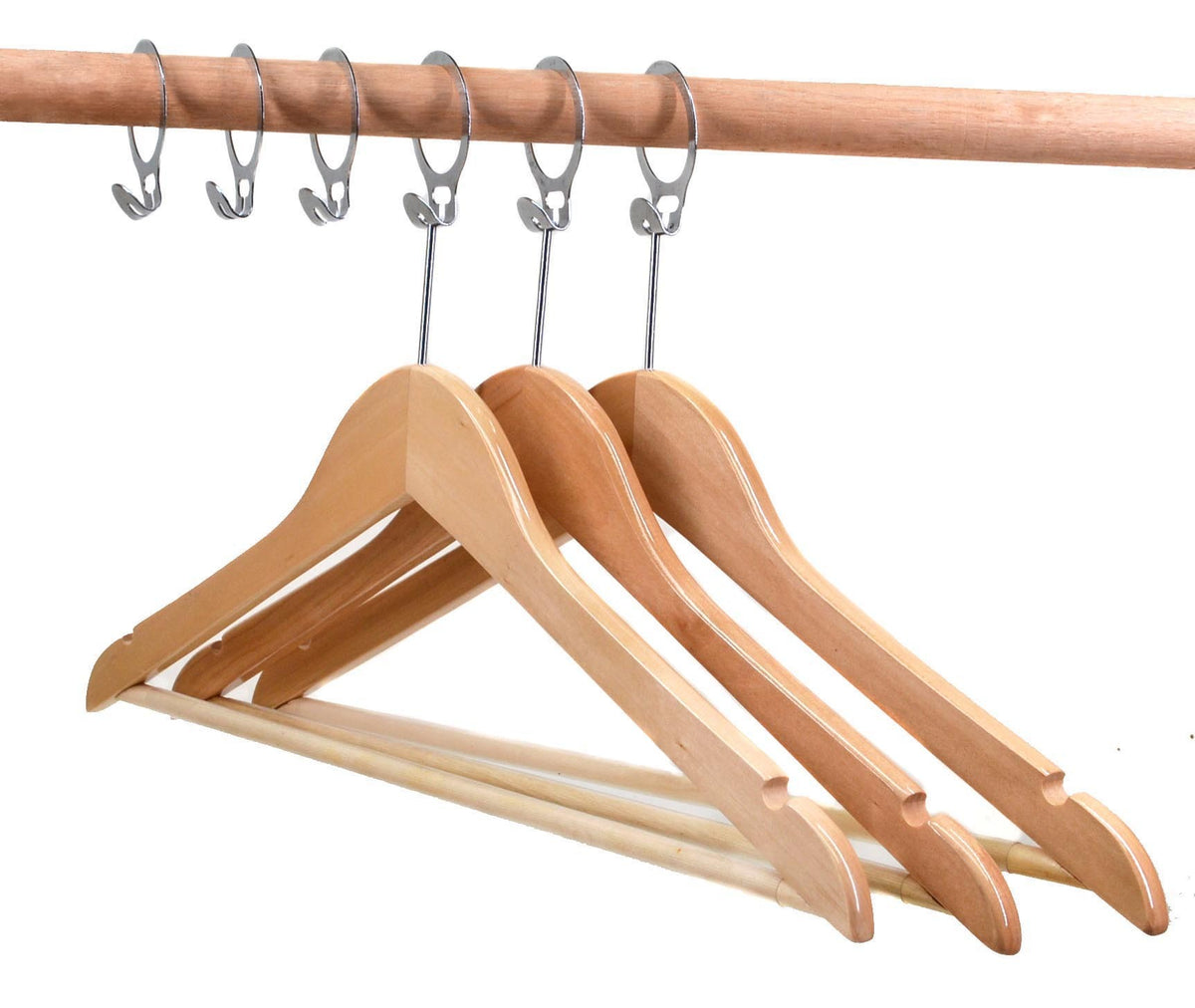 Dolphy natural wooden security hangers hanging from a rail by their anti-theft rings