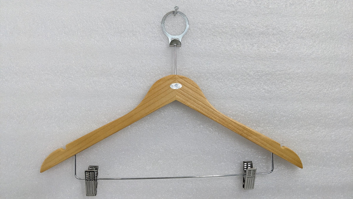Dolphy natural wood security hanger with anti-theft ring and two trouser clips