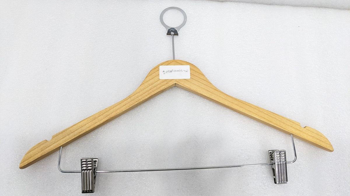 Dolphy natural timber anti-theft hanger, front view with chrome clip bar