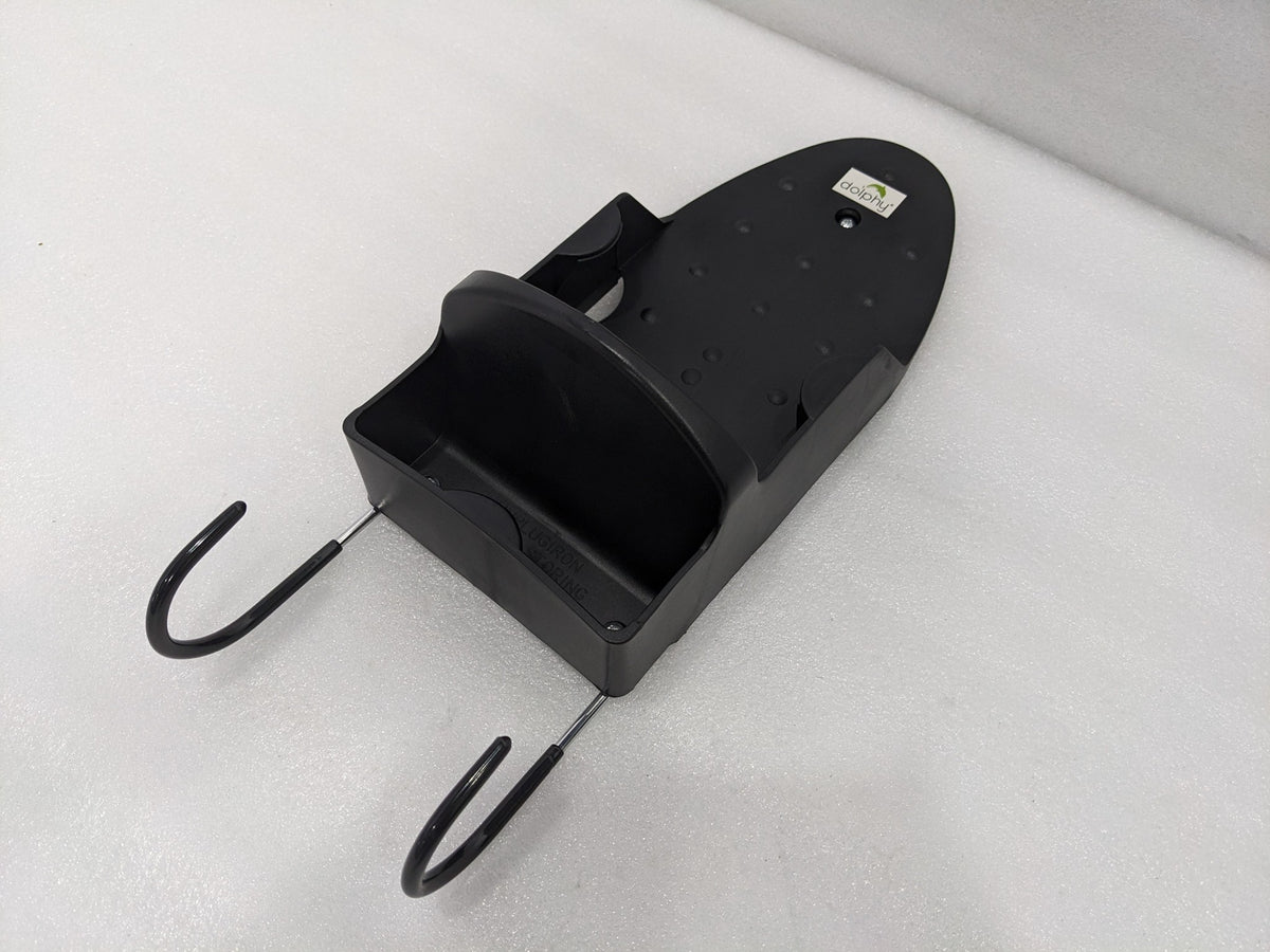 Dolphy black iron holder at an angle, showing the cord tray and two ironing board hooks