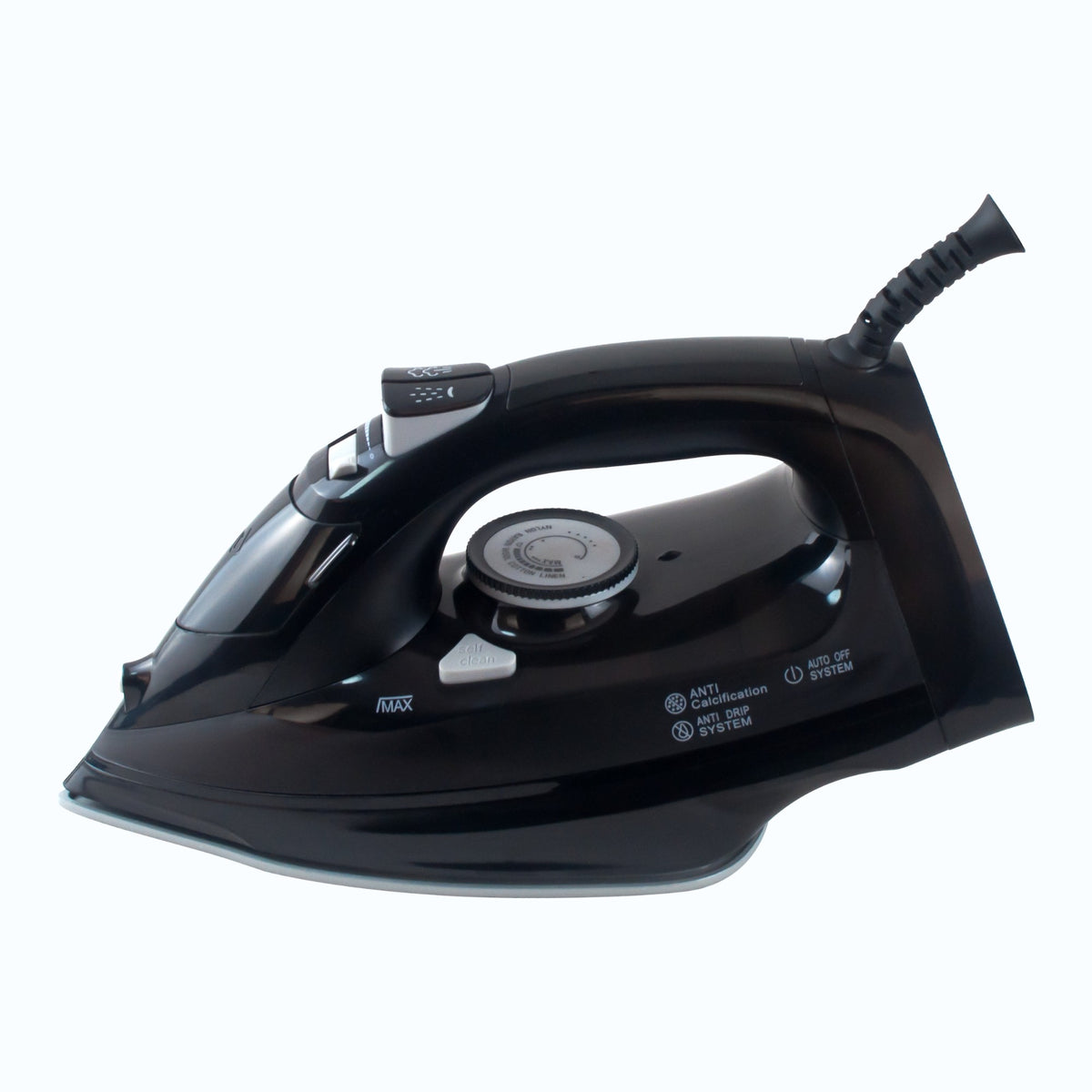 Dolphy black electric steam iron, side view showing the dial and water tank