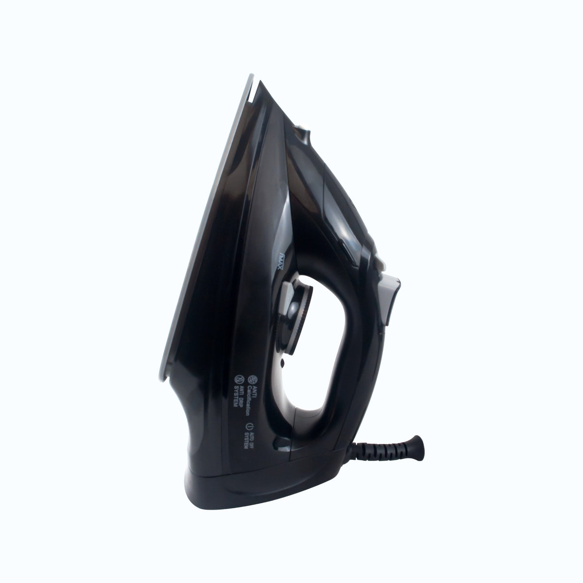 Dolphy black steam iron standing upright on its heel rest