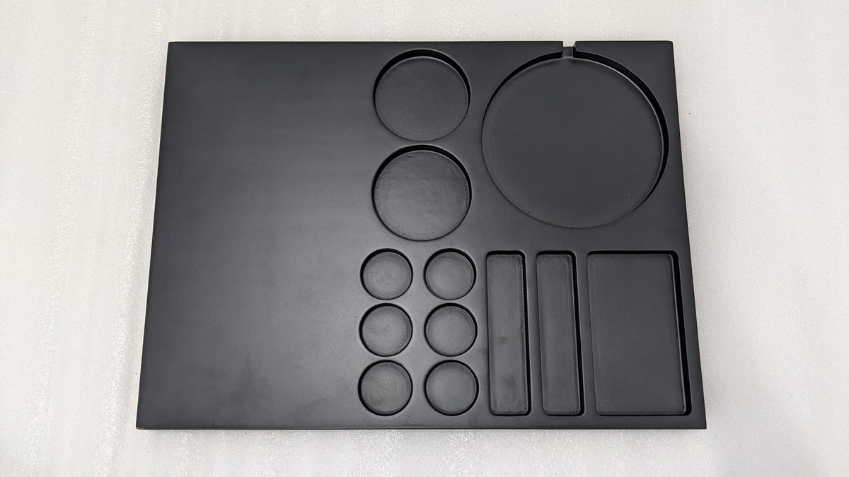 Dolphy black wooden hospitality tray from above, showing all compartments