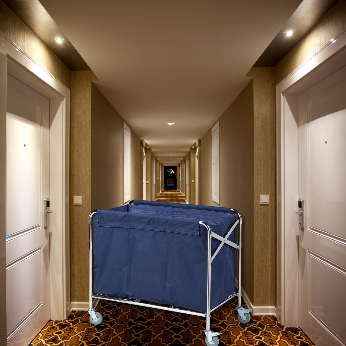 Dolphy foldable linen trolley with navy bag in a hotel corridor