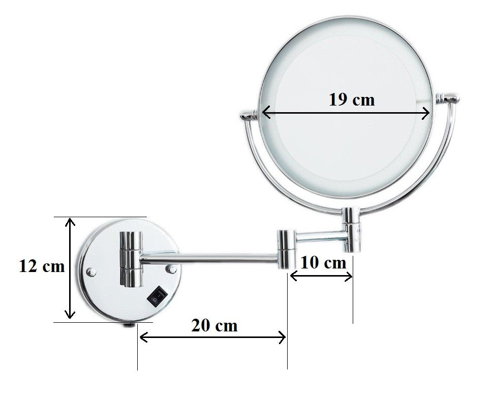 Dolphy LED wall mirror diagram: 19 cm mirror, 12 cm wall plate, 20 cm and 10 cm arm sections
