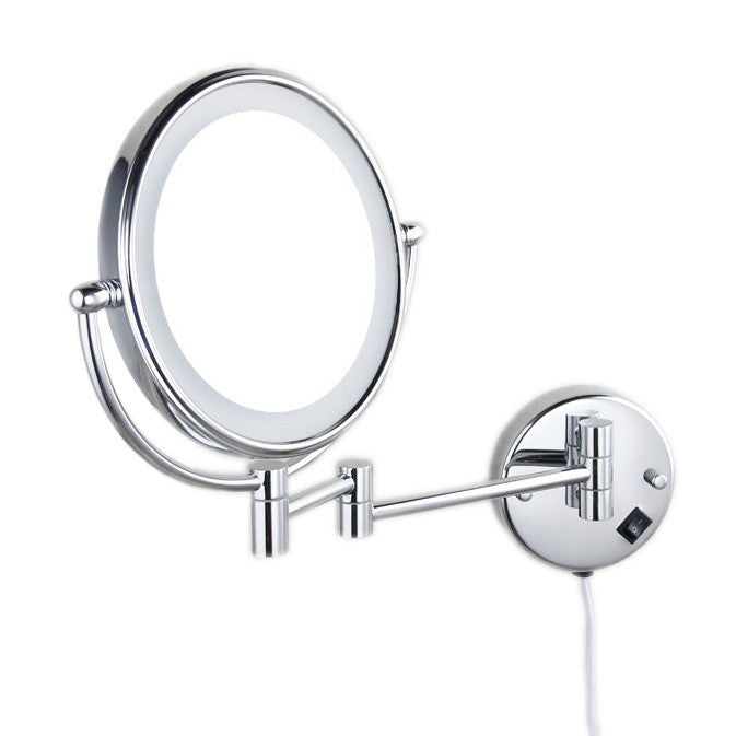 Dolphy 8-inch LED lighted wall mirror on its extending chrome arm, angled view