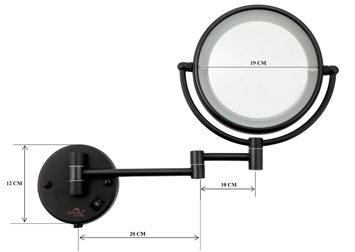 Dolphy black LED magnifying mirror dimensions: 19 cm mirror, 12 cm wall plate, 20 cm and 10 cm arm sections