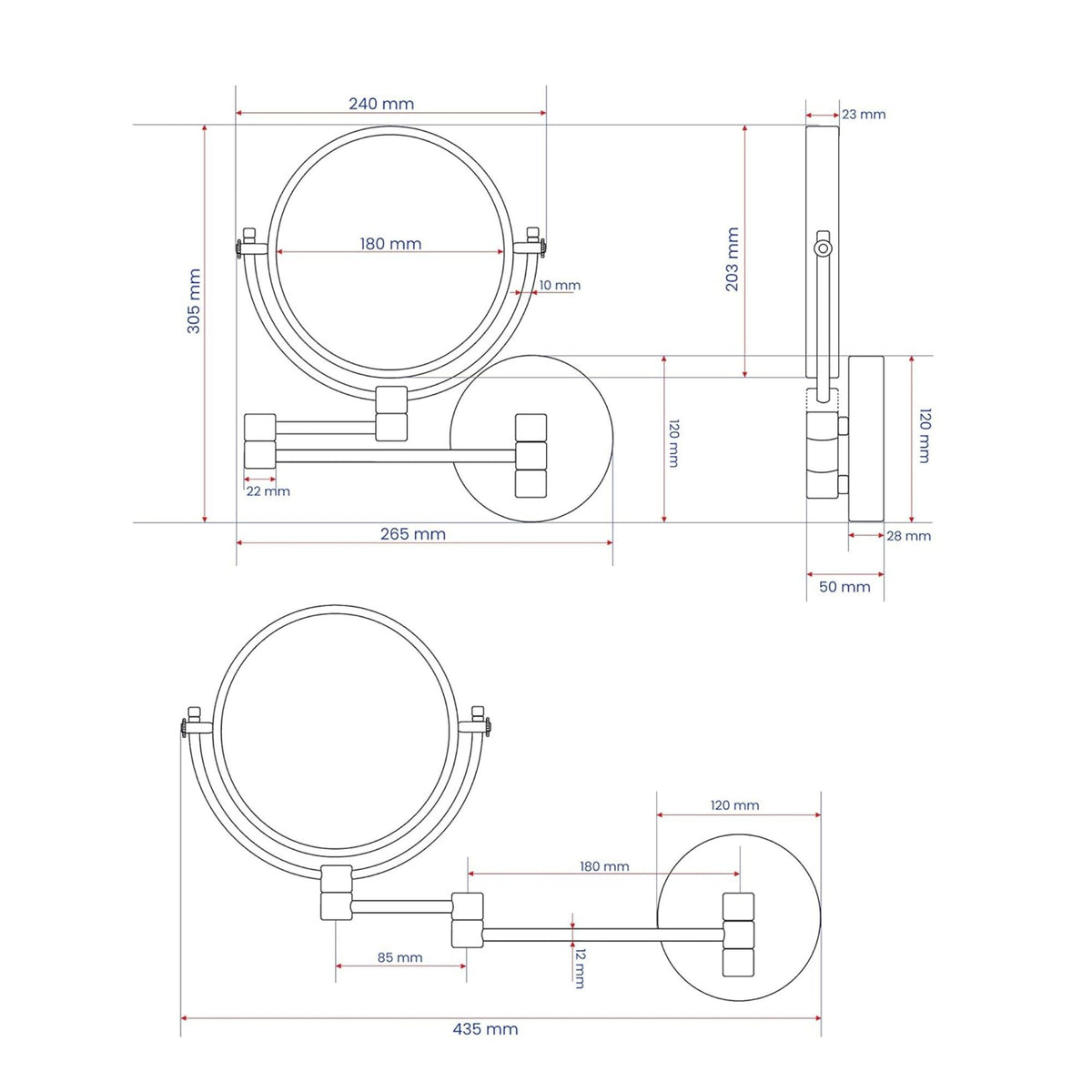 Dolphy makeup mirror drawing: 240 mm frame, 180 mm glass, 120 mm wall plate, arm extends to 435 mm