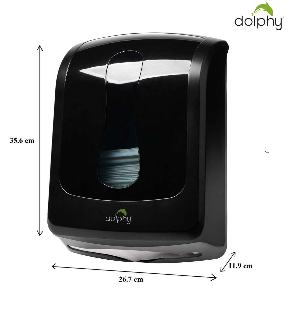 Dolphy black multifold towel dispenser dimensions: 35.6 cm high, 26.7 cm wide, 11.9 cm deep