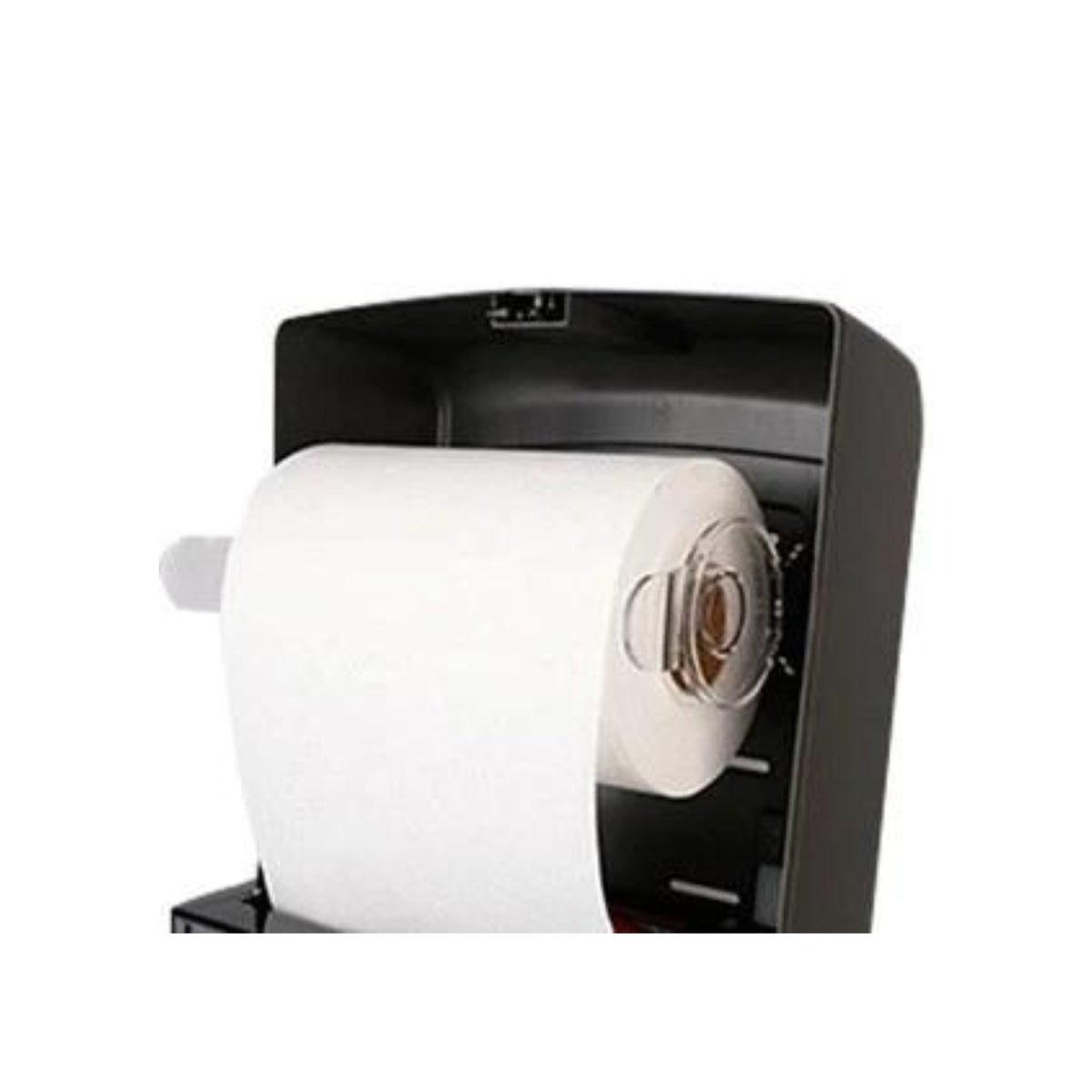 Dolphy auto-cut dispenser opened, showing the paper roll loaded inside