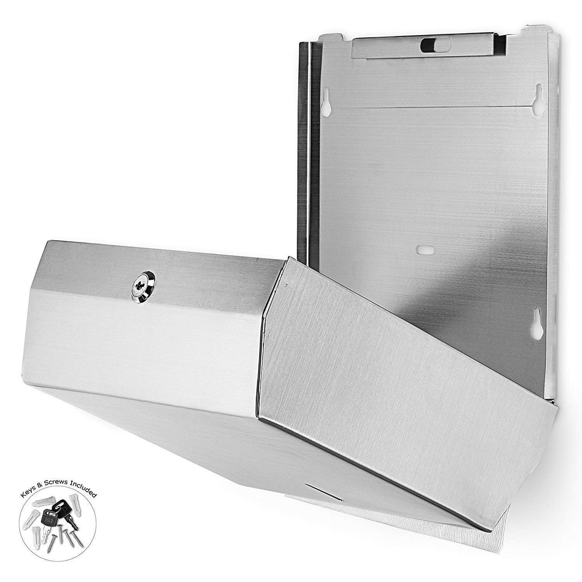 Dolphy stainless steel towel dispenser with the front cover opened on its hinge