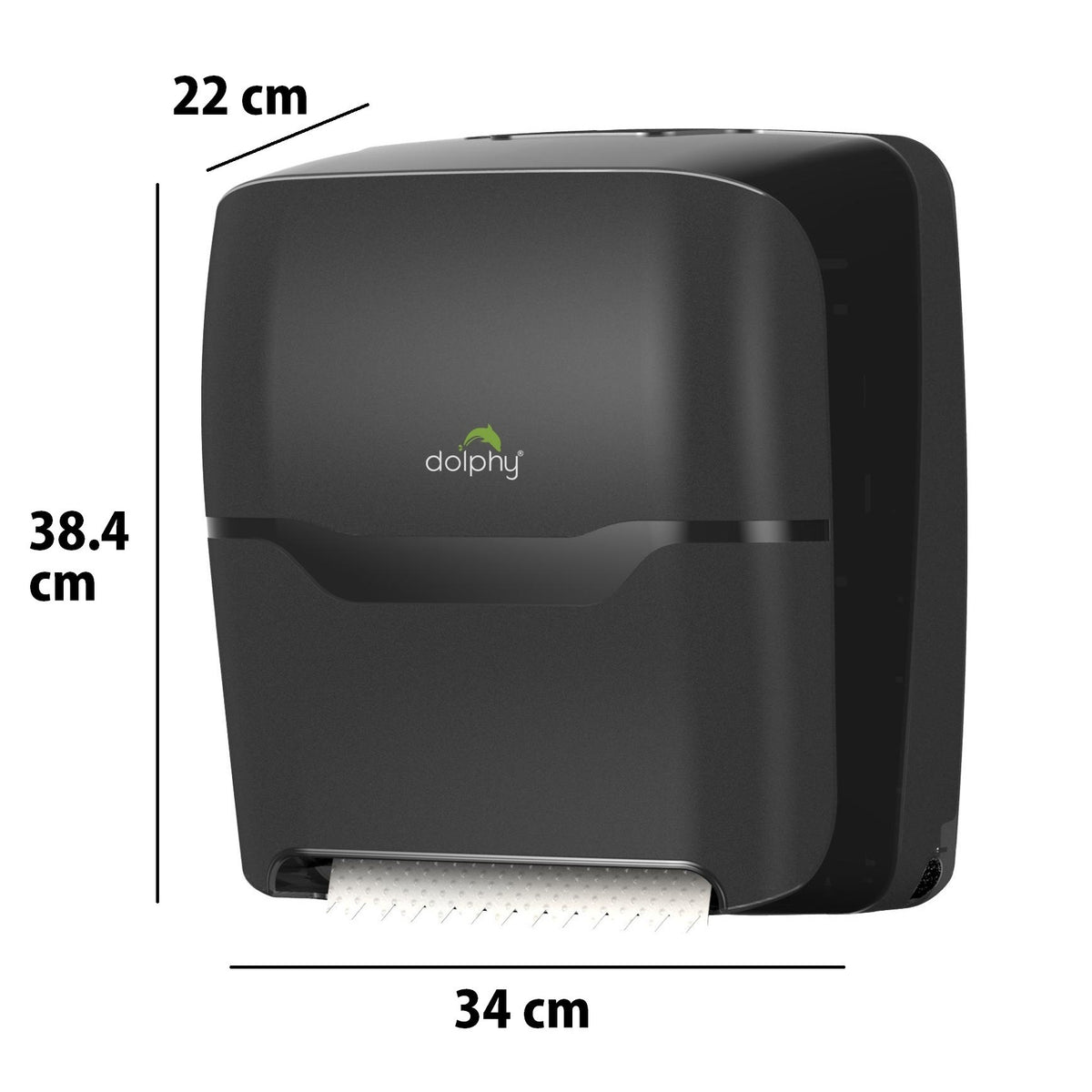 Dolphy touch-free auto-cut towel dispenser dimensions: 34 cm wide, 38.4 cm high, 22 cm deep