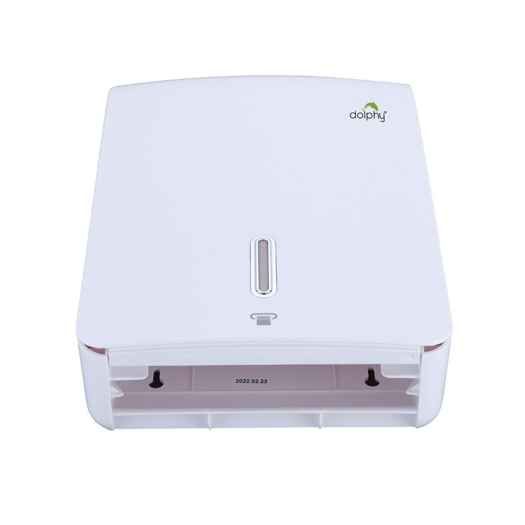 Dolphy white plaza towel dispenser from below, showing the towel outlet